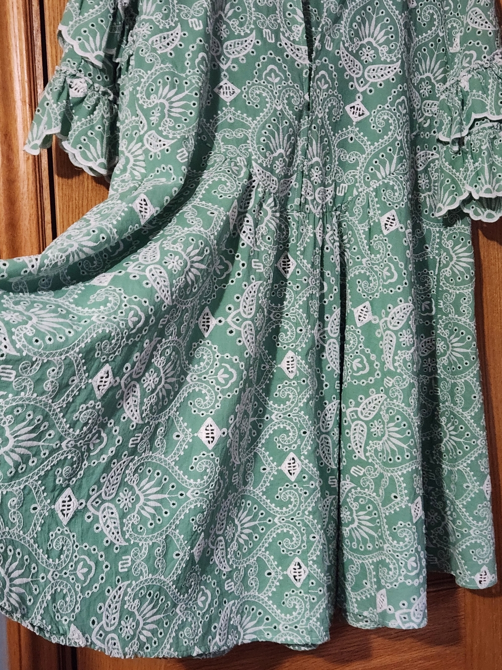 Maje Babydoll Embroidered Green Ruffle Dress White Eyelet Sz L Relaxed Beach